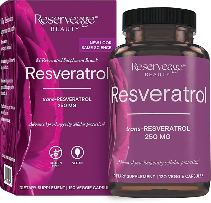 Reserveage Beauty Resveratrol 250 mg - Best Trans-Resveratrol - Vegan Antioxidant Supplement for Cellular &amp Heart Health - Aids Healthy Aging &amp Immune Health - 120 Capsules
