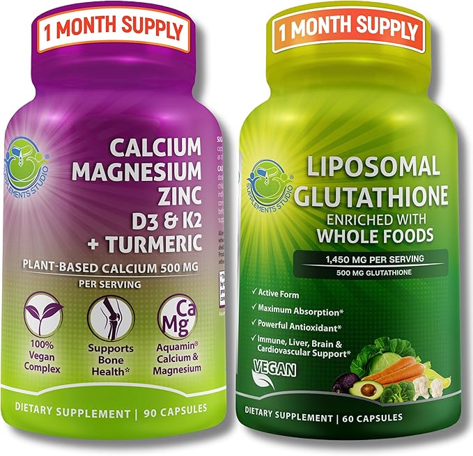 Calcium and Glutathione Duo – Liposomal Glutathione 500mg with Organic Whole Foods + Plant-Based Calcium 500mg (from Aquamin®) Magnesium Zinc D3 K2 &amp Turmeric – Vegan Non-GMO Clean Nutrition