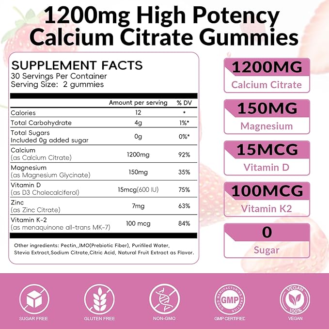 Calcium Citrate Gummies 1200mg with MagnesiumVitamin D3 K2 Calcium Supplements for Women &amp Men- Easy to Digest Vegan Gluten FreeSugar Free- Strawberry Flavor 120 Calcium Gummies