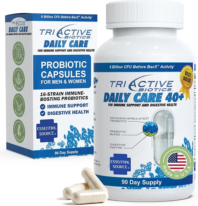 Essential Source TriActive Biotics Daily Care – Probiotics for Women and Men 6 Billion CFU with Prebiotic Blend – Daily Digestive and Immune Support Gut Health Supplement – 90 Capsules