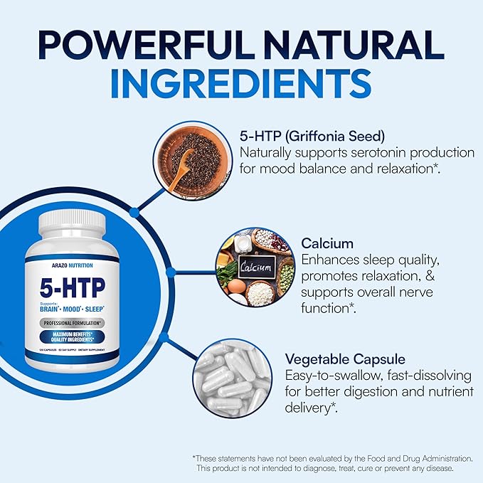 5-HTP 200 MG Per Serving Plus Calcium for Mood Sleep – Supports Calm and Relaxed Mood – 99% High Purity – 120 Capsules – Arazo Nutrition