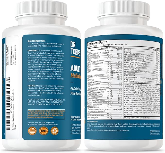 Dr. Tobias Adult Multivitamin for Women &amp Men - Immune Supporting Vitamins from 42 Fruits Vegetables Plus Probiotics Vegan Multivitamins for Men &amp Women - Non-GMO (90 Tablets 30 Servings)