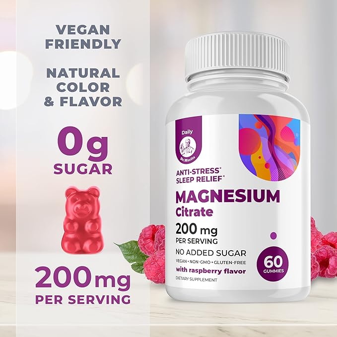 DR. MORITZ Magnesium Gummies for Adults - Sugar-Free Calm Magnesium Gummies - Supports a Healthy Stress Response - Raspberry Flavor - Non-GMO 200 mg 2 Pack (120 Count)