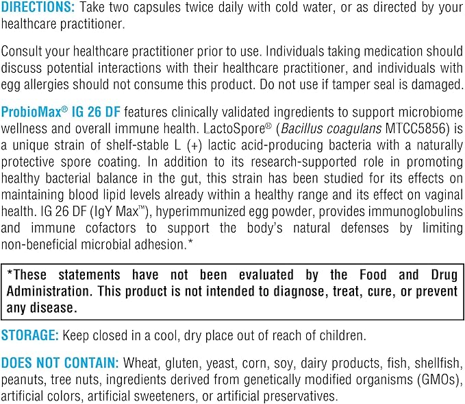 XYMOGEN ProbioMax IG 26 - Immunized Egg Powder &amp Bacillus Coagulans - Digestive Health Support - Vegetarian Gluten-Free &amp Non-GMO - 120 Capsules