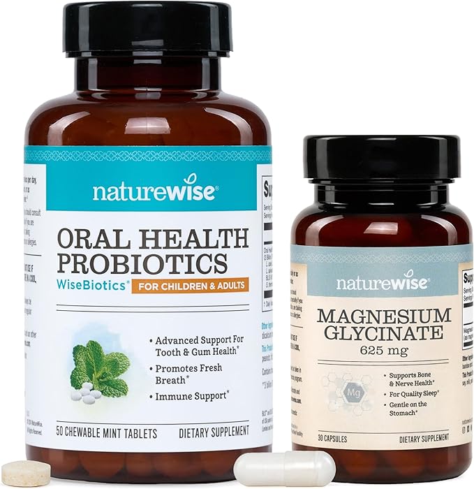 NatureWise [1] Oral Probiotics - Chewable Sugar-Free Mint Tablet - 50 Count[50-Day Supply] + [1] Magnesium Glycinate 625mg - Chelated Magnesium - 30 Capsules[30-Day Supply]