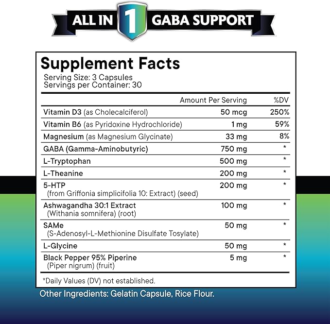 NEW AGE GABA 750mg 5 HTP 200mg L Tryptophan 500mg L Theanine 200mg Ashwagandha SAM-e L-Glycine - Vitamins for Women and Men with 5-HTP (5-Hydroxytryptophan) - 270 Count