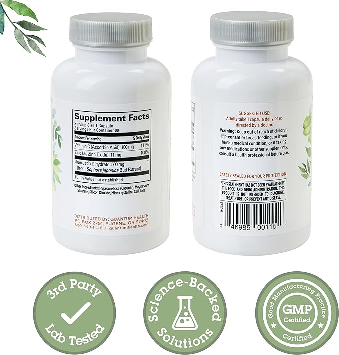 Quantum Health Quercetin+ 500mg Powerful Immune Support Supplement with Zinc 11 mg &amp Vitamin C 100 mg - Seasonal Immunity Boost Respiratory Health &amp Gut Support Complex for Women &amp Men -