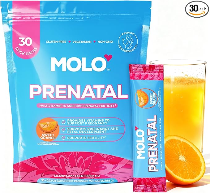 MOLO Prenatal Multi-Vitamin Drink Mix for Women – Packed with essential vitamins &amp antioxidants DHA Omega-3 Methylfolate – 30 Stick Packs with Sweet Orange Flavor – Vegetarian Gluten-Free &amp