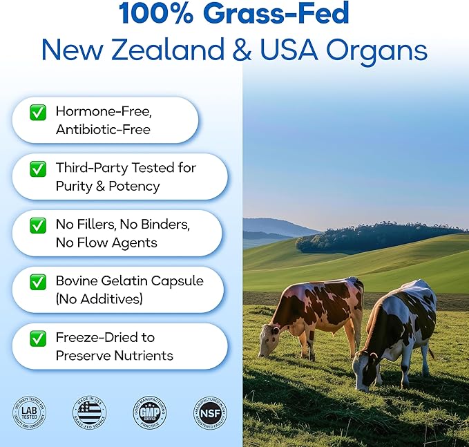Grass Fed Beef Organ Supplement 3000mg (8 Organs) - Bone Marrow Thymus Liver Heart Kidney Trachea Spleen Lung - Freeze-Dried - 180 Capsules (30 Servings)