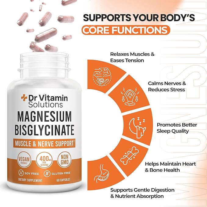 Magnesium Glycinate 400mg (Buffered Magnesium Bisglycinate Chelate) | Albion® Chelated Magnesium for Muscle &amp Nerve Support + Calm | High Absorption Gentle on Stomach | Non-GMO 60 Vegan Capsules