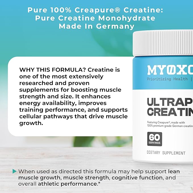MYOXCIENCE Creapure® Creatine Monohydrate | Supports Strength &amp Muscle Mass Cognition and Lean Body Mass | Unflavored 60 Servings