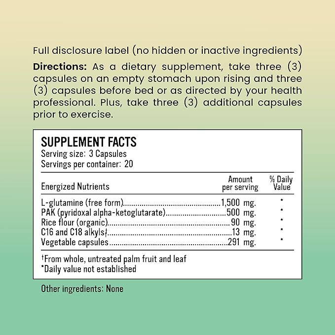 Peak Glutamine PAK 60 Capsules L Glutamine with pyridoxal Alpha-ketoglutarate to efficiently Recycle L-glutamine for Optimal Gut Health Benefit