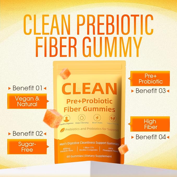 Clean Prebiotic Fiber Gummy Pre+Probiotic Fiber Gummies for Men Sugar-Free Prebiotic Supplement for Digestive Gut Health
