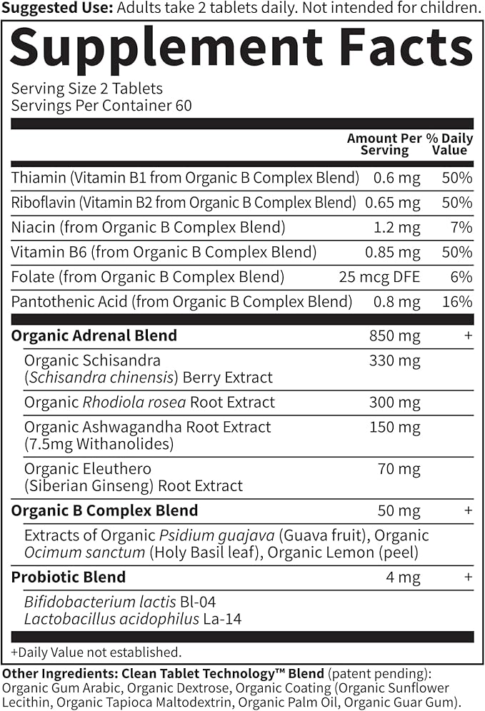 Garden of Life Organics Adrenal Daily Balance Adaptogenic Herbs Ashwagandha Holy Basil B Complex &amp Probiotics Organic Non-GMO Vegan Gluten Free Supplement Two Month Supply 120 Tablets
