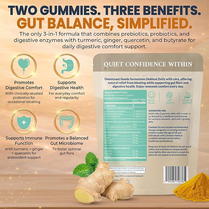 Debloat Daily 3-in-1 Prebiotic Probiotic &amp Digestive Enzyme | Digestive Support | Occasional Bloating &amp Abdominal Discomfort | Turmeric Ginger &amp Quercetin | Gluten Free Non GMO 60 Tropi