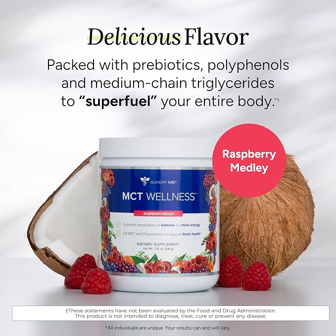 Gundry MD MCT Wellness Powder to Support Energy Ketone Production and Brain Health Keto Friendly Sugar Free (30 Servings) (Raspberry Medley)