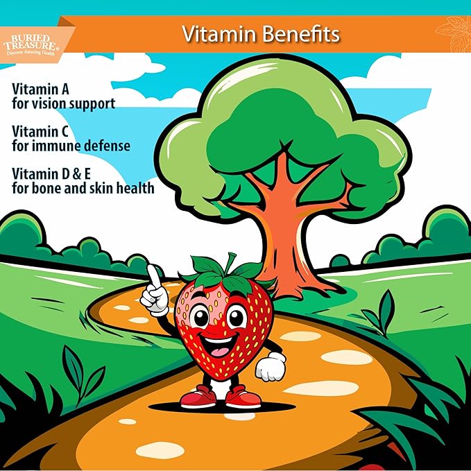 Buried Treasure Children's Daily Multi Liquid Multivitamin &amp Minerals Nutritional Dietary Vegan Supplement for Kids No Artificial Ingredients Non-GMO Natural Fruit Flavors 16 oz w/Dose Cup