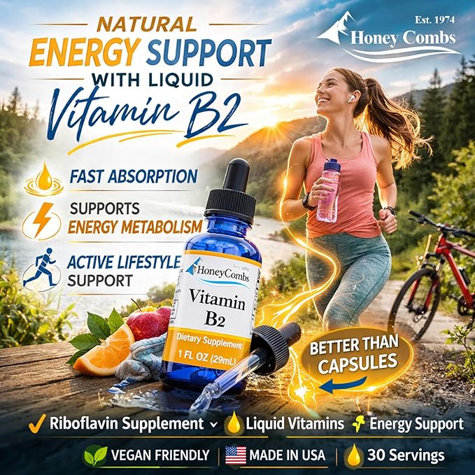 HoneyCombs Vitamin B2 Riboflavin Liquid Drops - Made in The USA - Natural High Potency Fast Absorption Vitamin B2 for Men Women &amp Children - Vegan Formula - Bulk Sizes Also Available