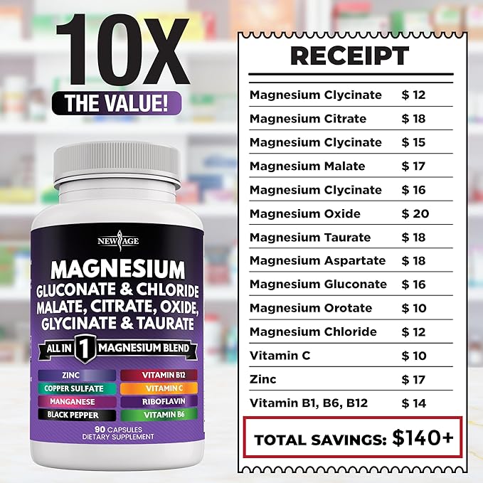 NEW AGE Magnesium Supplement -Powerful Glycinate Citrate Malate Oxide Taurate Aspartate Gluconate Orotate &amp Mag Chloride Manganese Bone Health and Bone Strength Joint Support - 90 Count
