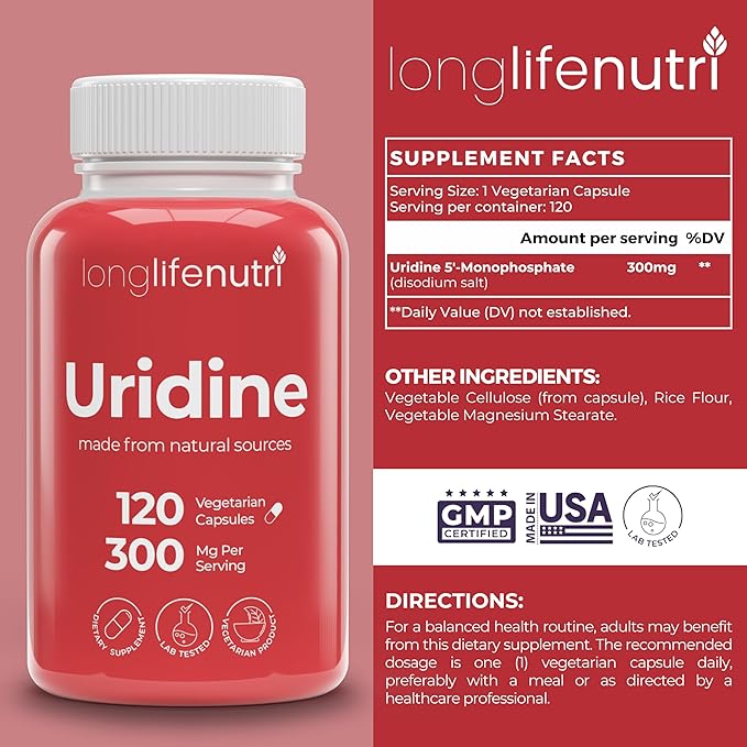 LongLifeNutri Uridine Monophosphate 300 mg &amp Omega-3 Fish Oil 1000 mg Bundle – 120 + 120 Softgels/Veg Caps 4 &amp 4 Month Supplies Nucleotide &amp Essential Fatty Acid Support GMP Certified