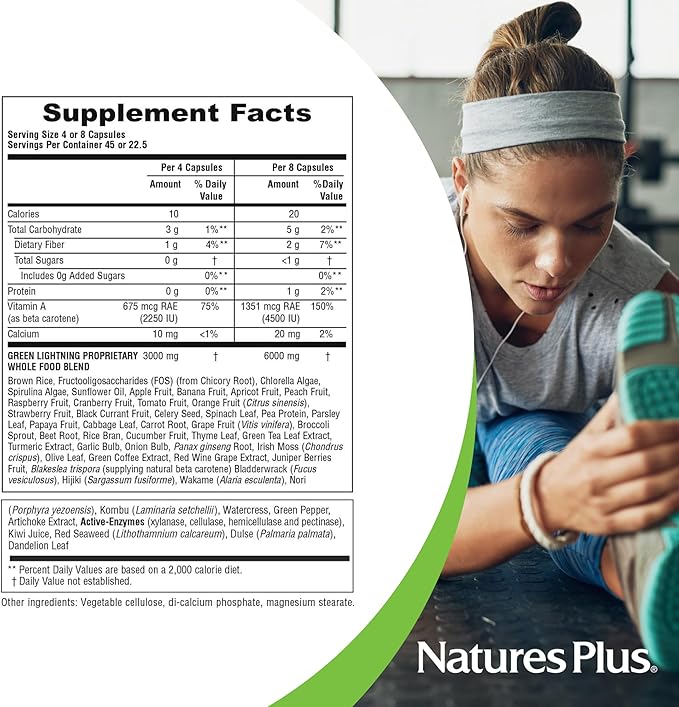 NaturesPlus Source of Life Green Lightning - 180 Capsules - All-Natural High-Energy Whole-Food Supplement - Green Superfoods &amp Digestive Enzymes - Gluten Free Vegetarian - 45 Servings