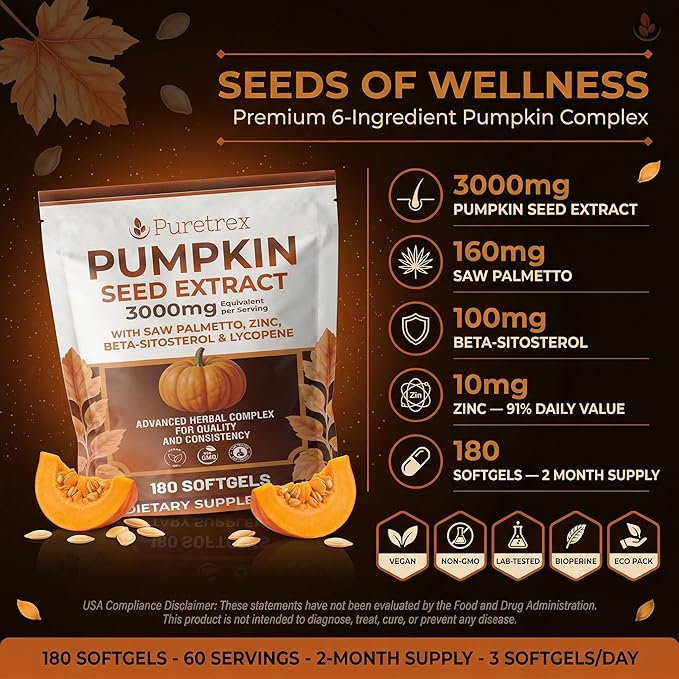 Pumpkin Seed Oil 3000mg with Saw Palmetto Beta-Sitosterol Zinc &amp BioPerine® – 180 Vegan Softgels | Prostate &amp Hair Growth Support | DHT Blocker | Urinary &amp Bladder Health | Cold-Pressed