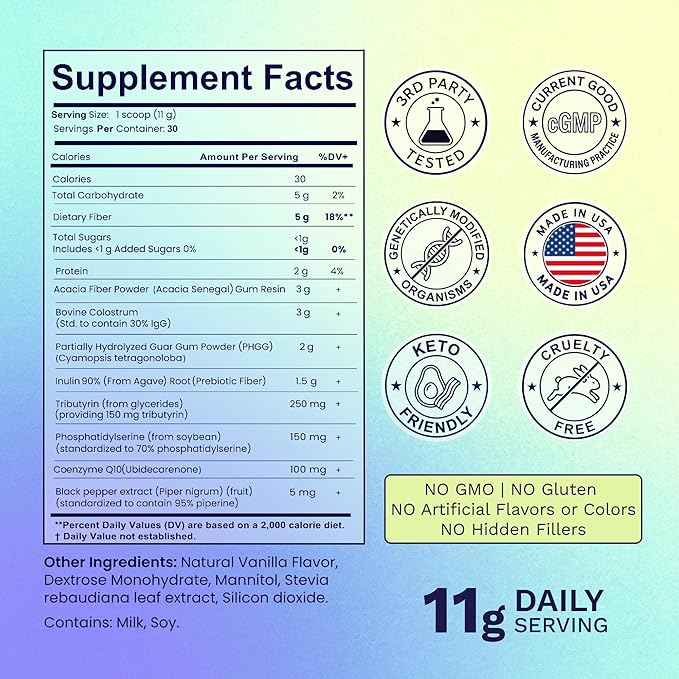 Gut Health Supplement Powder – Digestive Health Formula with Colostrum Tributyrin &amp PHGG Prebiotics for Gut Health Gut Lining Gut-Brain &amp Bloating Relief for Women &amp Men – 30 Servings