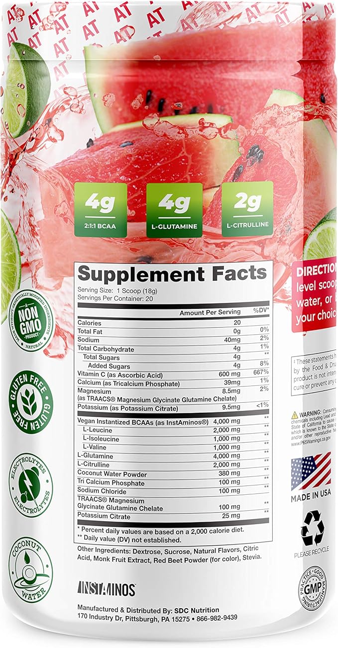 About Time BCAA Hydration Powder Watermelon Lime with L-Glutamine &amp Electrolytes Non-GMO Gluten Free Monk Fruit Coconut Water 20 Servings
