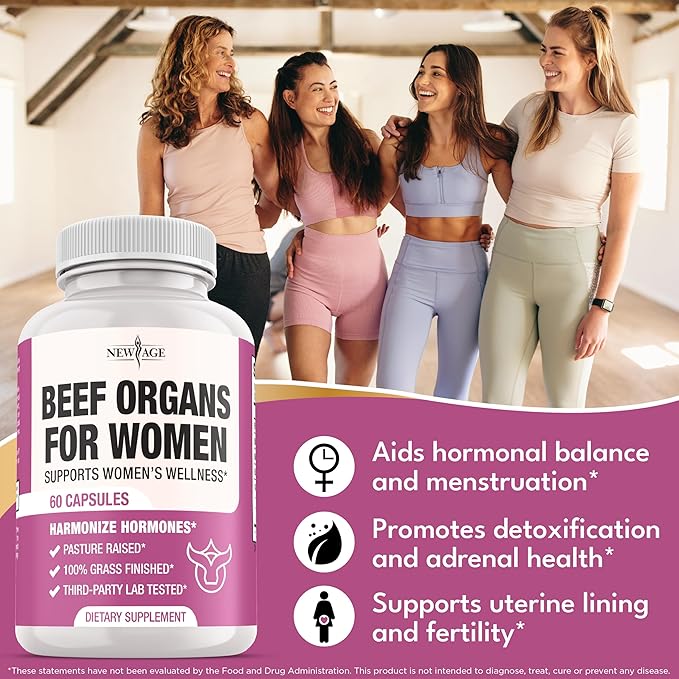 NEW AGE Beef Organ Supplement for Women - Beef Liver Kidney Heart and Uterus Tissue Supports Women's Overall Energy and Health - Pasture Raised Grass Fed - No Fillers - 60 Capsules