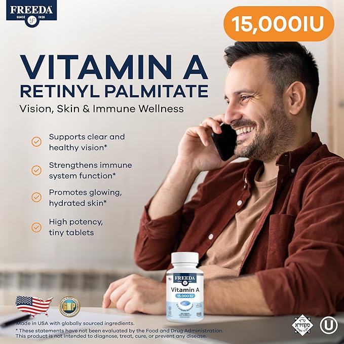 Freeda Vitamin A 15000 IU – Retinyl Palmitate – Vegan Kosher No Fish – Eye Vision Immune &amp Skin Support – Tiny Easy-to-Swallow Tablets – VIT A Vitamina A Supplement – 250 Tablets