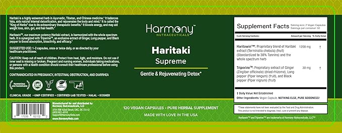 Haritaki Supreme Dr Gumman's Clinical Grade Highest Potency Maximum Bioavailabity Harmony Nutraceuticals 120 Vegan Capsules