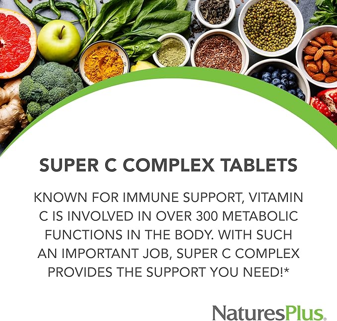 NaturesPlus Super C Complex - 90 Capsules - 1000 mg Vitamin C + 500 mg Bioflavonoids - Vegetarian Gluten Free - 45 Servings