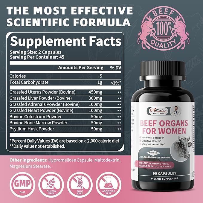 Alliwise 2 Pack Beef Organ Supplement for Women - Supports Female Hormonal Balance Energy &amp Overall Wellness 100% Grass Fed Beef Organs Complex: Liver Uterus* Heart &amp 3 More (2 Capsules Dai