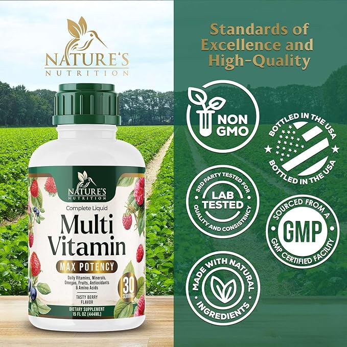 Liquid Multivitamin - Sugar Free Daily Multi Vitamin for Women Men &amp Kids Vitamins A C D B-12 Biotin &amp Zinc - Supports Faster Hair Growth &amp Skin Wrinkles Vegan Non-GMO Berry Flavo
