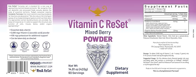 RnA ReSet Vitamin C Reset – Berry-Flavored Vitamin C Powder with Potassium &amp Fruit Blend 14.81 Oz (60 Servings)
