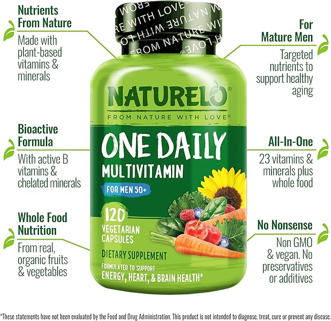 NATURELO Mens Multivitamins for Men 50+ - One Daily Multivitamin for Men with Vitamins Minerals &amp Organic Whole Foods Boost Energy &amp Health Non-GMO 120 Vegetarian Capsules
