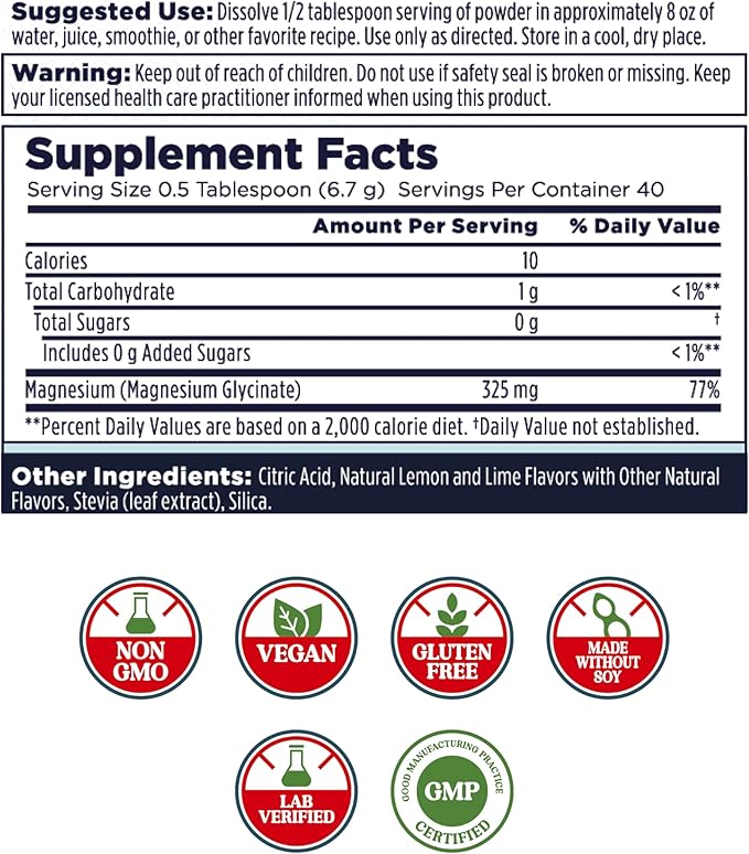 KAL Calming Magnesium Powder - Lemon Lime Flavor Magnesium Supplement - High Absorption Relaxation Support No Added Sugar Vegan Gluten Free Made Without Soy - 40 Servings 9.5 oz