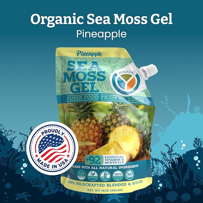 Yemayá Organic Sea Moss Gel Organic Raw | Wildcrafted Sea Moss Gel Enhanced with Real Fruit Boost Immunity Energy Digestion Hair Skin &amp Nails - 16 oz Pinaple Flavor