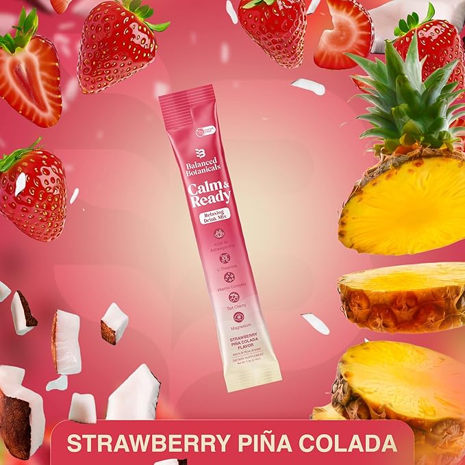 Calm and Ready Powder Drink Mix with Magnesium Glycinate Ashwagandha KSM 66 L Theanine and Tart Cherry Relaxation Support Supplement Strawberry Pina Colada 20 Travel Packets