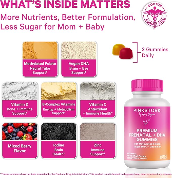 Pink Stork Premium Prenatal Gummy Vitamins with DHA Folate and Vitamin D - 60 Vegan Gummies - 2 Pack