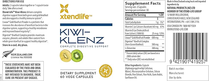 Xtendlife Kiwi-Klenz Digestive and Gut Support Supplement for Bloating Gas and Indigestion - Natural Prebiotic with Health Enzymes - 30 Day Supply