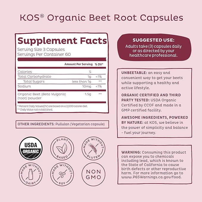 KOS Organic Beetroot Capsules 1500mg - USDA Organic Antioxidant Power from Organic Beet Root Superfood Supports Healthy &amp Active Lifestyle - Non-GMO Vegan and Keto Friendly - 180 Capsules
