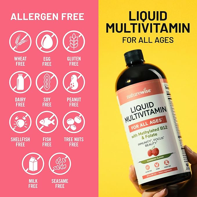 NatureWise Liquid Multivitamin for Women Men of All Ages - Sugar Free Vegan - Vitamins for Energy Levels Beauty Immune Health with Methylated B12 &amp Folate - Non-GMO - 30 fl oz(887 mL)