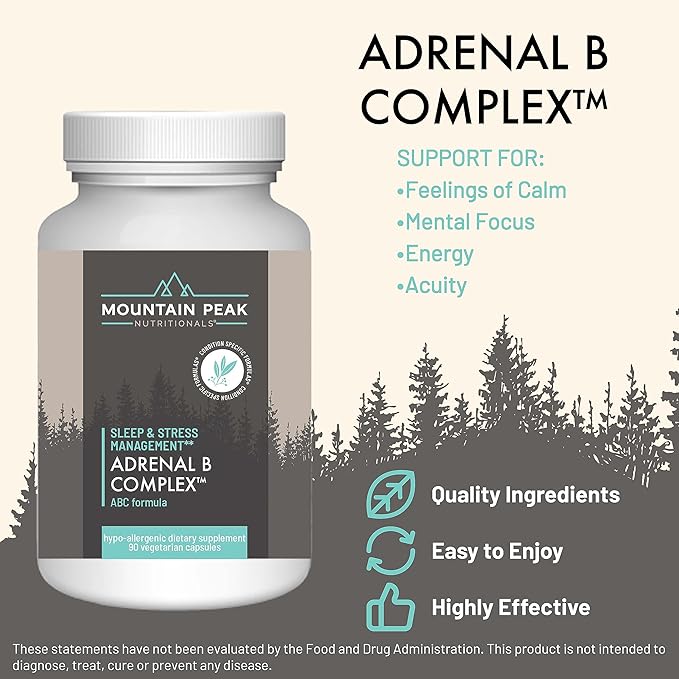 Mountain Peak Adrenal B Complex - Cortisol Support w/Ashwagandha Vitamin B6 B12 &amp C - Helps Support Stress Levels - Encodcrine &amp Nervous System Support Supplement (90 Vegetarian Capsules)