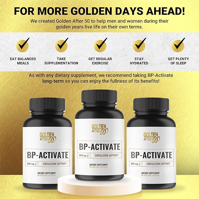 Golden After 50 BP-Activate - Nitric Oxide Supplement with Essential Amino Acids - Blood Circulation and Heart Health Support Supplement - 60 Capsules - 800mg L Arginine AAKG L Citrulline