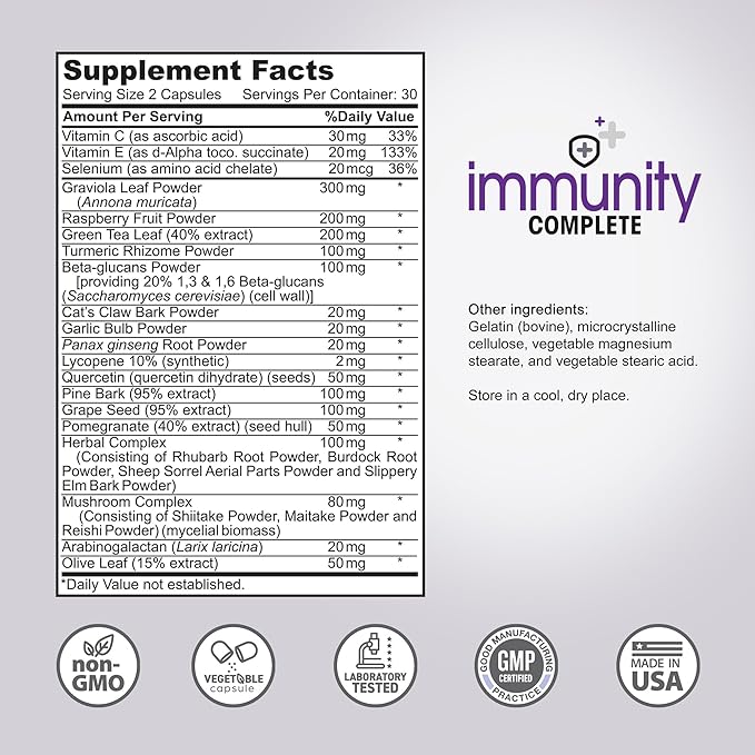 Immunity Complete - 20-in-1 Immune System Booster Formula with Cat's Claw Quercetin Vitamin C and Olive Leaf Extract 60ct