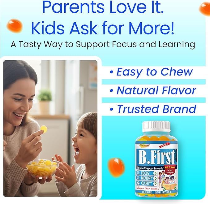 B.First Focus Gummies for Kids &amp Teens | Kids Focus and Attention Supplements with Omega 3 DHA – Memory Vitamins for Concentration Mental Clarity &amp Cognitive Support-60ct