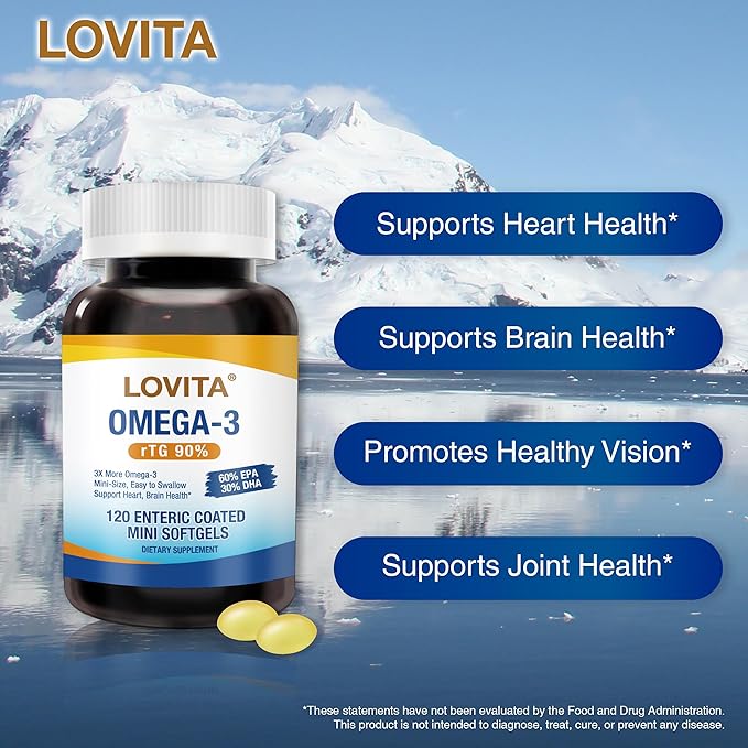 LOVITA 8-Pack Fish Oil Value Bundle - 960 Mini Softgels Total 2000mg rTG Omega-3 Burpless Enteric-Coated for Brain &amp Eye Health