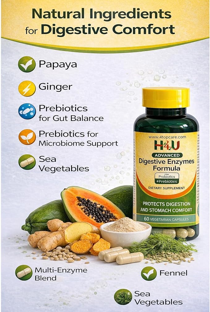 H4U Advanced Digestive Enzymes with Probiotics &amp Prebiotics – Multi Enzyme Supplement for Gut Health Digestion Support Bloating Relief &amp Stomach Comfort Vegetarian Capsules 60 Count