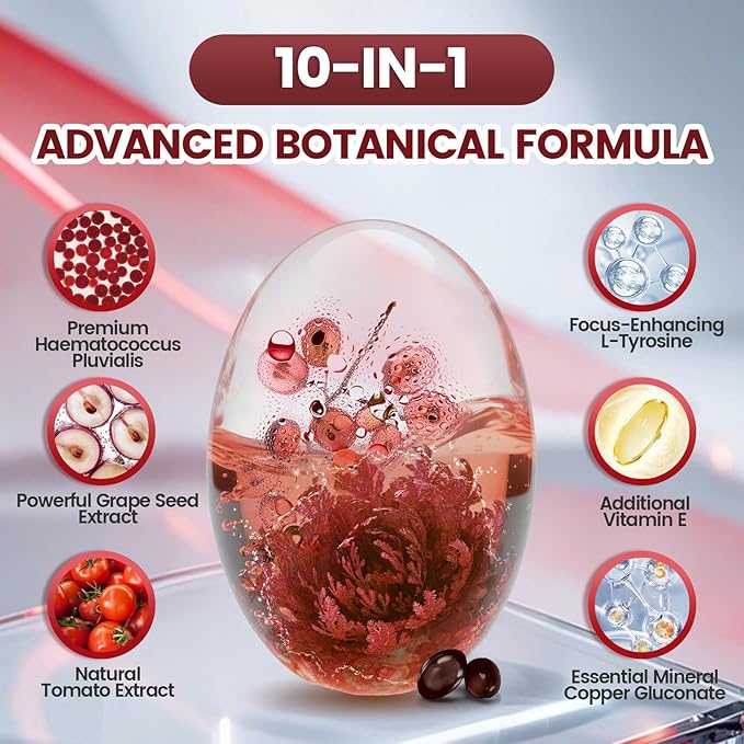 10 in 1 Astaxanthin Supplements 12mg 12 Month Supply Astaxantina Antioxidant from Fresh Haematococcus Pluvialis Contains Lycopene Grape Seed Vitamin E More Supports Eye Joints Skin Health 3Bag
